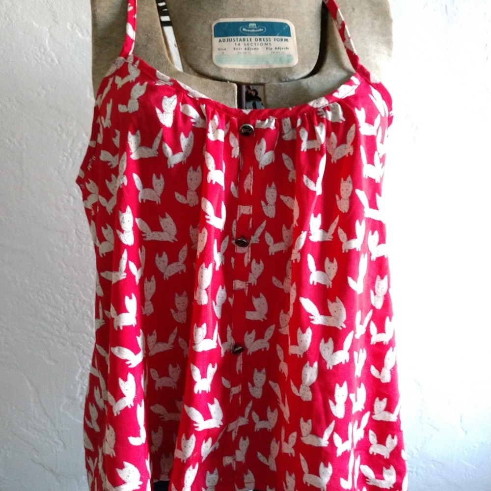 Fox print red spaghetti strap blousy shirt